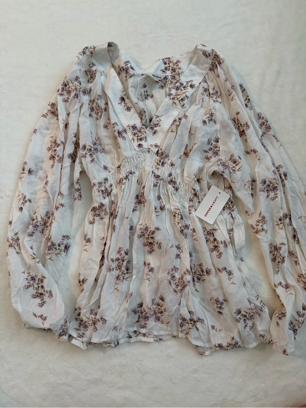 Lucky Brand 100% Modal Off White V-Neck Floral Smocked Waist Blouse NWT